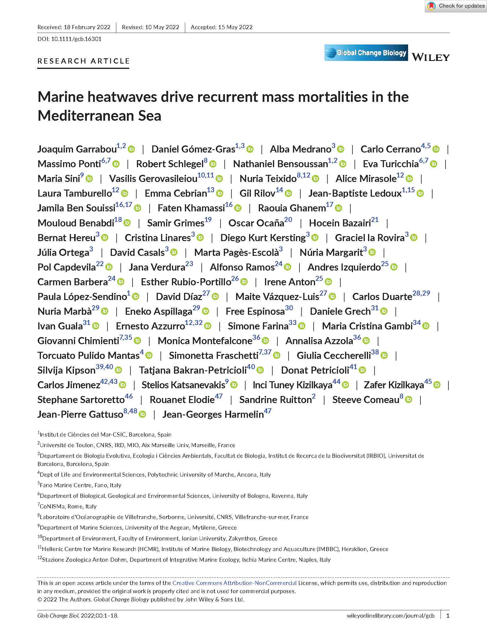 Garrabou et al 2022 Marine heatwaves drive recurrent mass mortalities in the Mediterranean Sea Global Change Biology