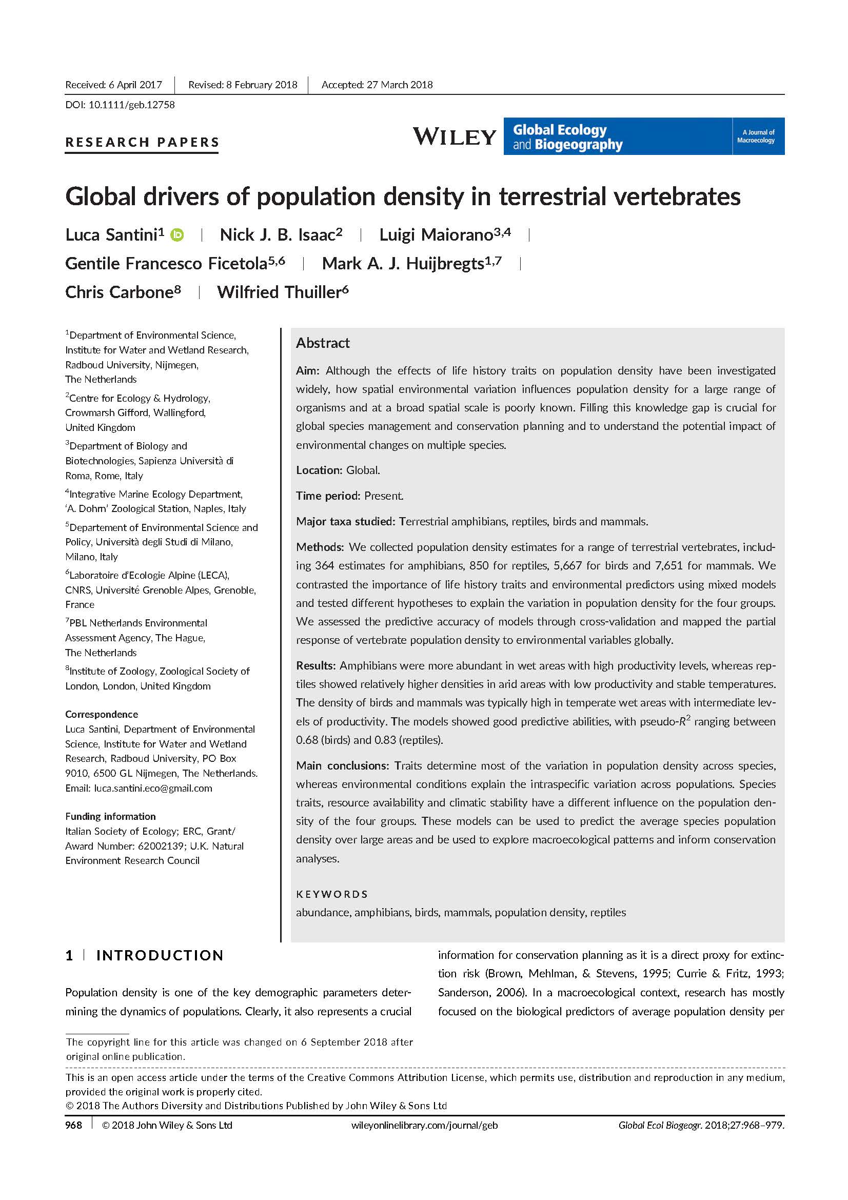 Santini et al 2018 global drivers of population density in terrestrial vertebrates